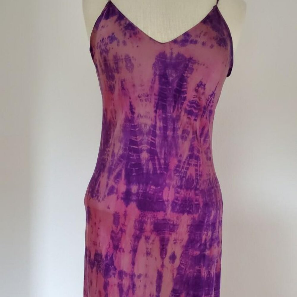 NEW long Silk Slip Dress lingerie chemise pink purple tie dyed medium 6 8 10 12